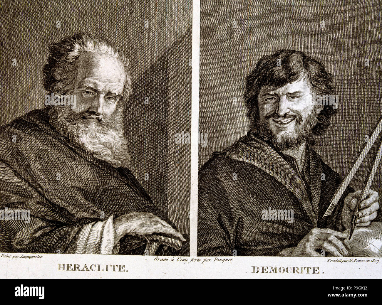 Gravur mit Heraklit 535-484 v. Chr. und Demokrit 460-370 v. Chr., griechischer Philosophen. Stockfoto