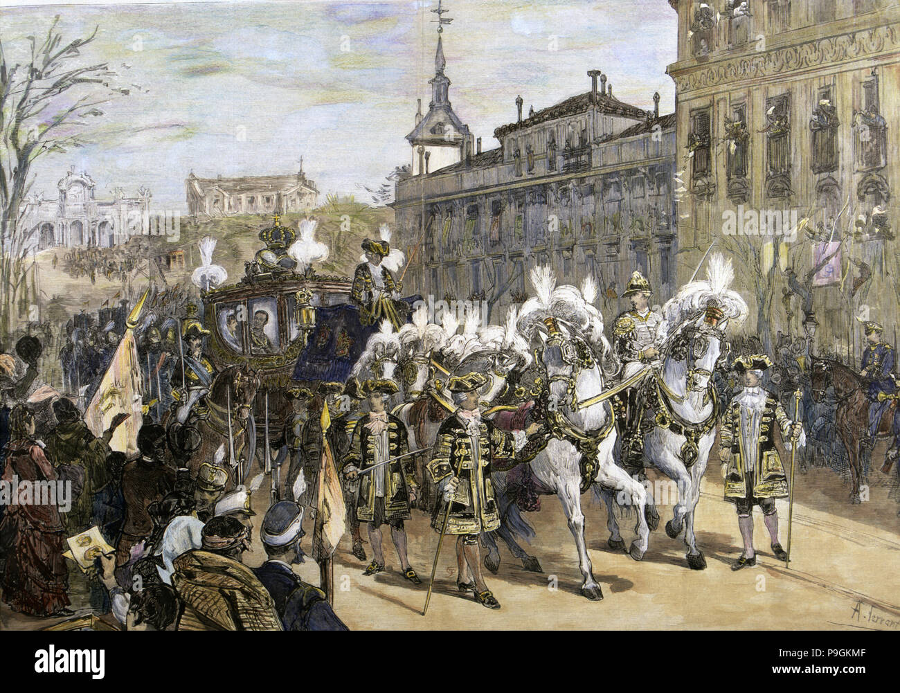 Hochzeit María de las Mercedes, der königlichen entourage", Alfonso XII., König von Spanien, (1857-1885), zeichnen … Stockfoto