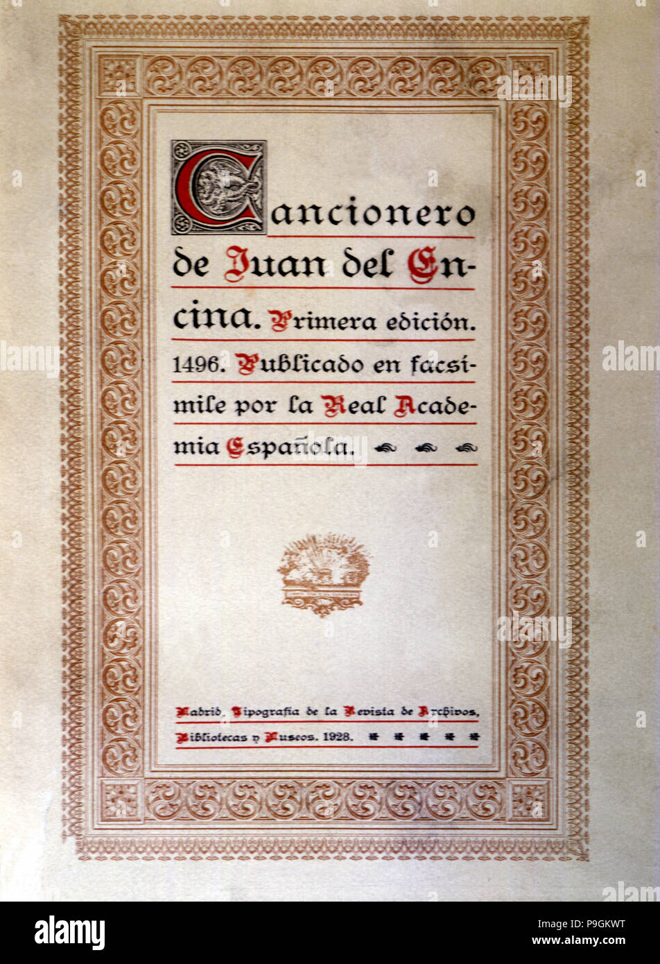 Abdeckung "cancionero" (Song Book) von Juan de la Encina, faksimile Reproduktion, 1928. Stockfoto