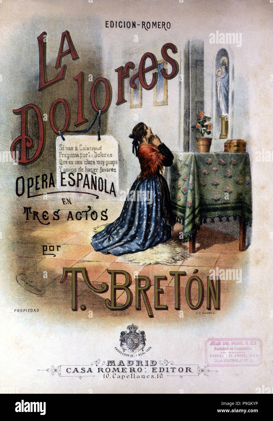 Abdeckung der Operette "La Dolores' 1895, der Arbeit von Komponisten Tomas Breton. Stockfoto
