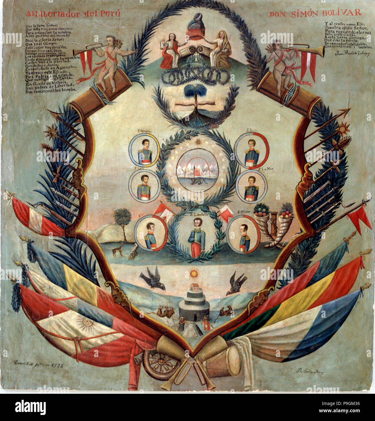 Allegorie mit Simon Bolivar, den Befreier von Peru (1783-1830). Stockfoto