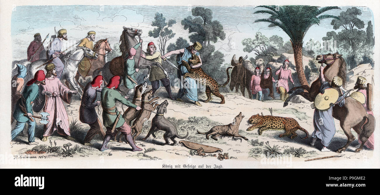 Alte Geschichte. Persien. Der persische König und sein Gefolge auf einem Leoparden jagen. Deutsche engravi… Stockfoto