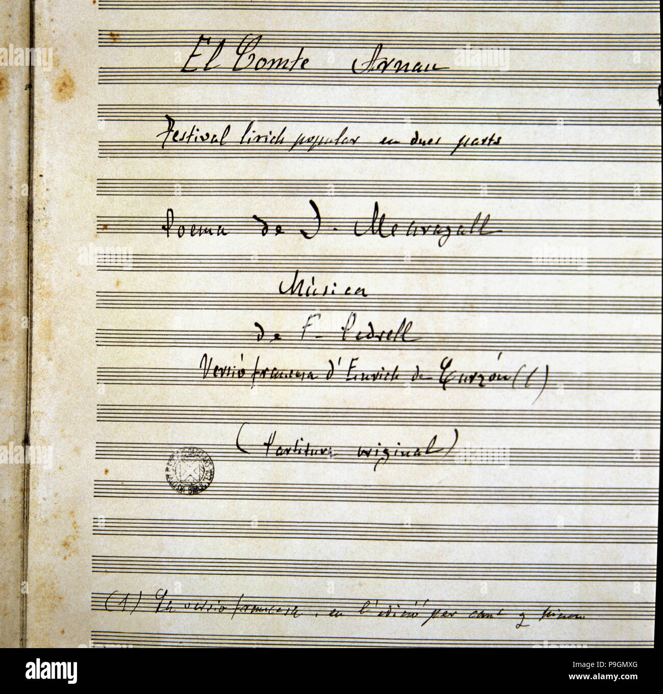 Abdeckung des Original Score der Oper "Der Comte Arnau' 1904 von Felipe Pedrell. Stockfoto