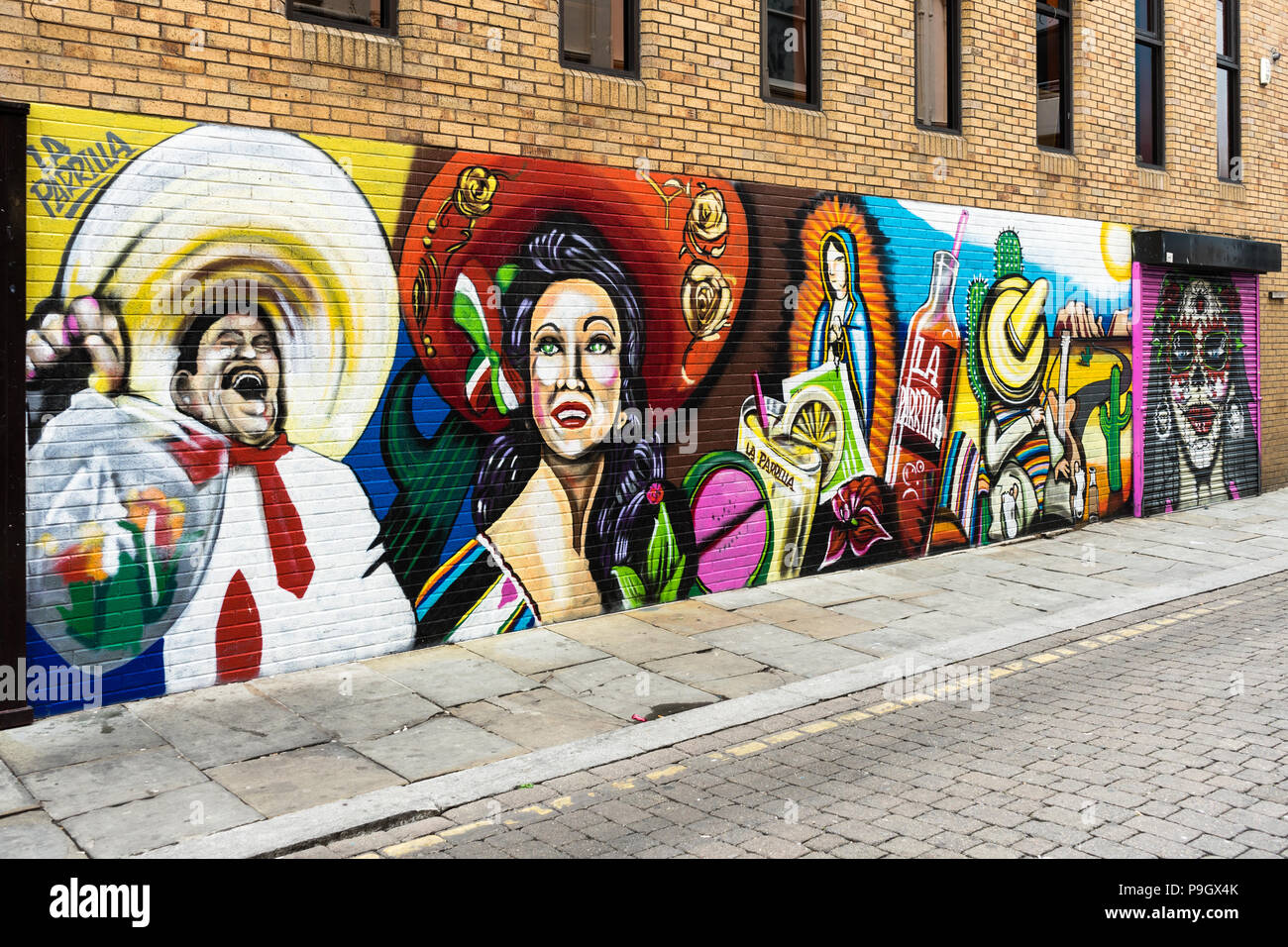 Mexikanische Kunst Arbeit/Graffiti an der Wand, Bold Street, Liverpool, Großbritannien Stockfoto