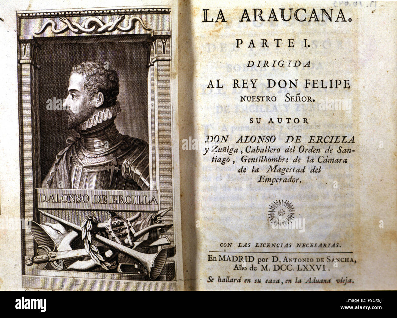 Cover des Buches "La Araucana', 1776 Edition mit Gravur der Büste des Autors. Stockfoto