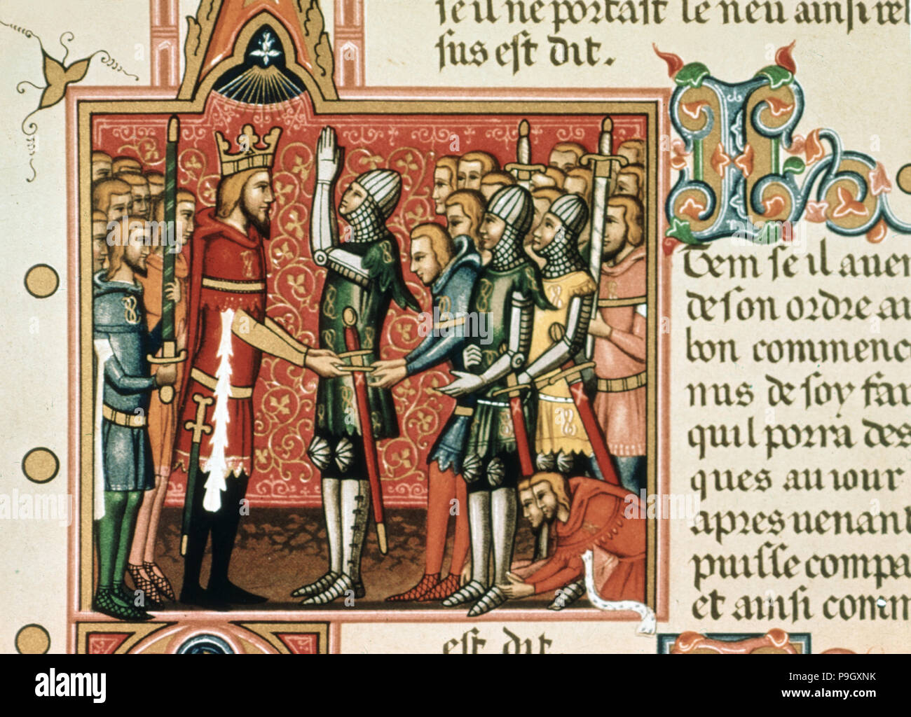 Roldan vielversprechende Loyalität zu Karl dem Großen, auf einer Seite der Handschrift des 14. Jahrhunder t… Miniatur Stockfoto