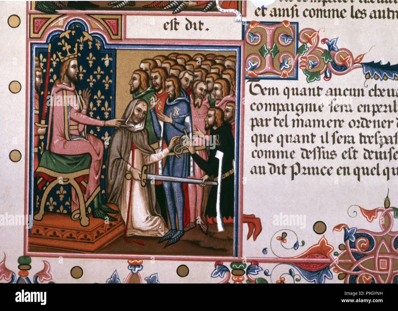 Einsetzung eines Gentleman, Seite von einem Manuskript aus dem 14. Jahrhundert mit dem Titel "Orden des Heiligen Geistes". Stockfoto