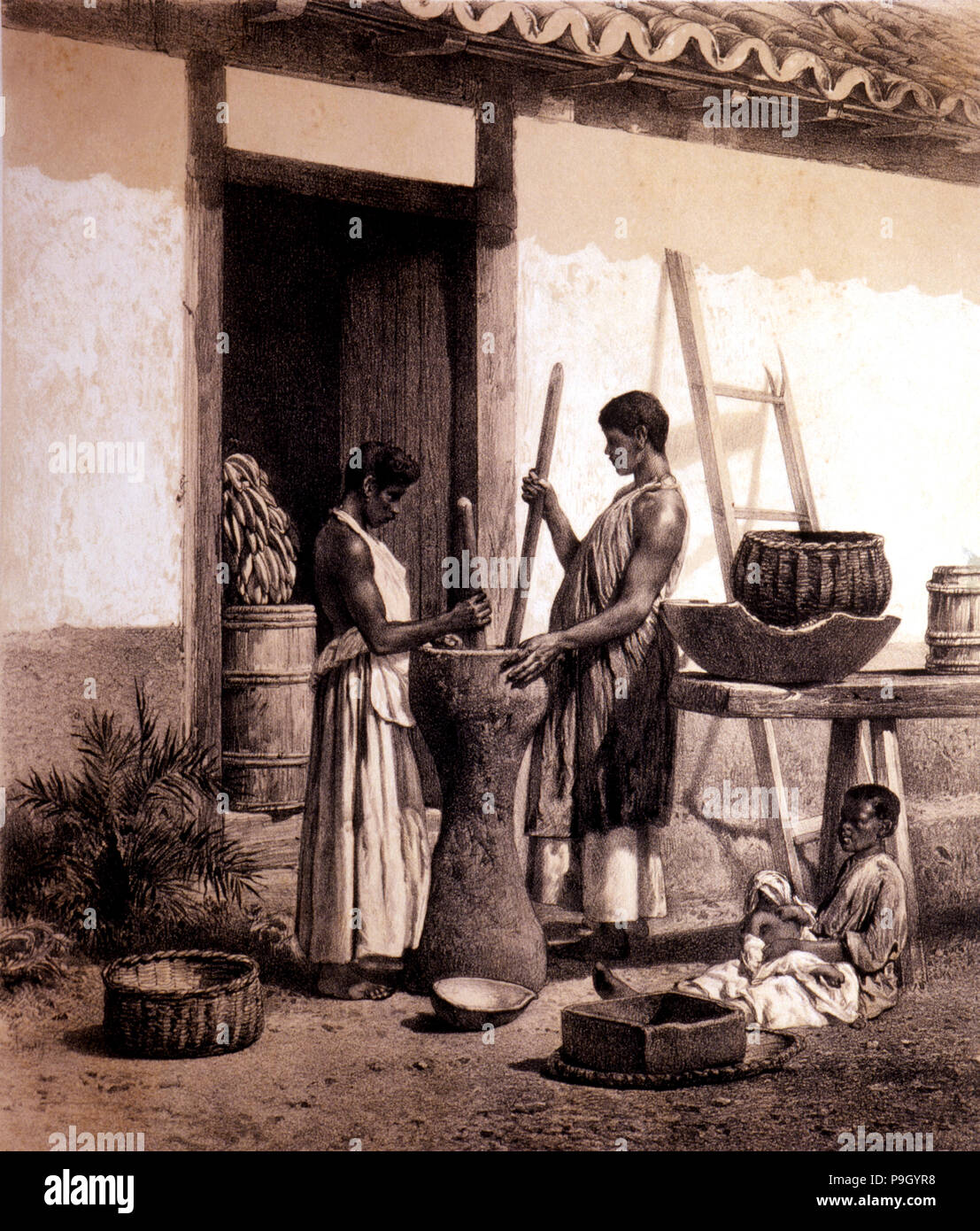 Schwarze Sklaven schleifen Kaffee auf einem landwirtschaftlichen Plantation, Lithographie. Stockfoto