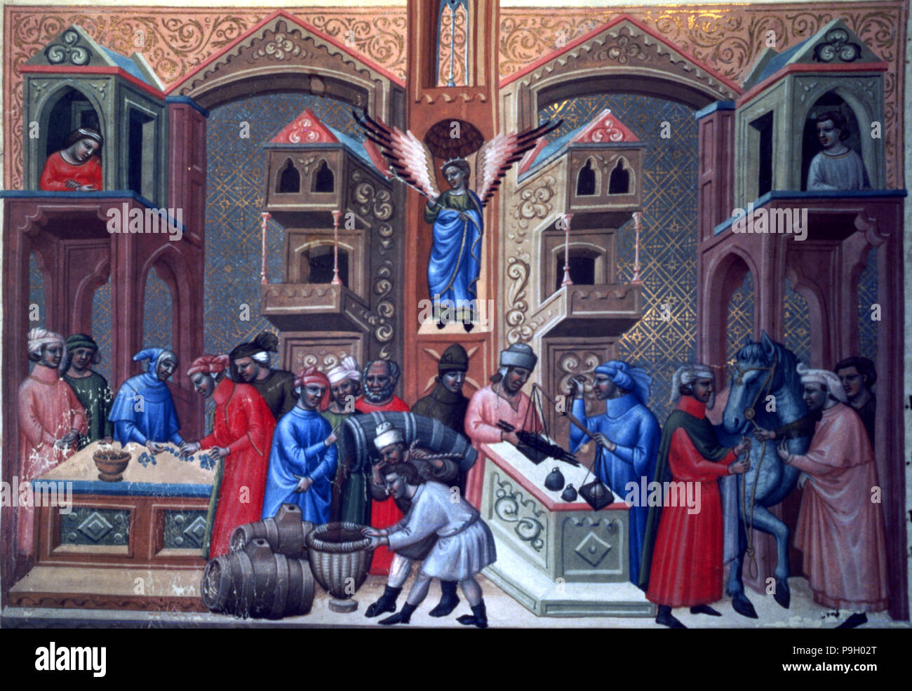 Erste Seite mit verschiedenen Szenen. Miniatur in 'Códice Justiniano Institutiones Feudorum et Ali... Stockfoto
