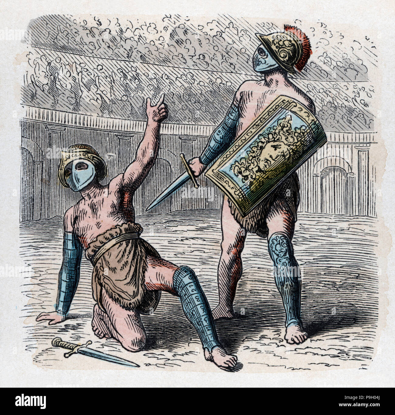 Römischen Zirkus, verwundet Gladiator bitten um die Gnade des Lebendigen, Gravieren, 1866. Stockfoto