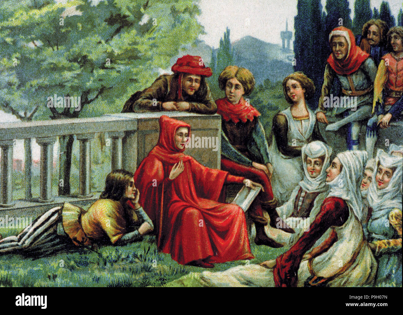 Zeichnung auf die Geschichte einer der zehn Romane in "DECAMERON" von Giovanni Boccaccio. Stockfoto