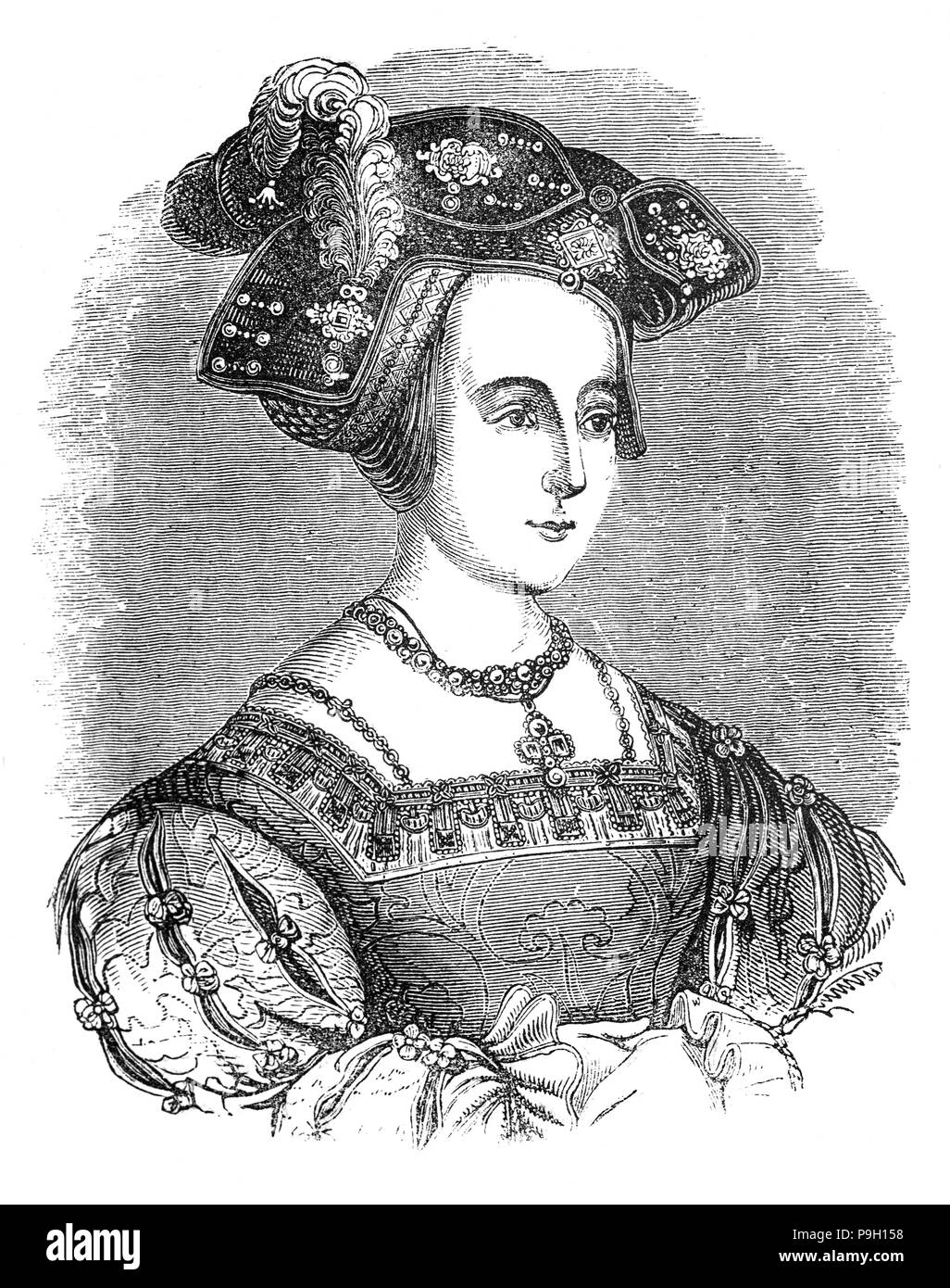 Ein Portrait von Anne Boleyn, der Königin von England von 1533 bis 1536 als zweite Frau von König Henry VIII. Henry's Ehe mit ihr und anschließende Hinrichtung durch Enthauptung, machte sie eine zentrale Figur in der politischen und religiösen Umwälzungen, war der Start der englischen Reformation. Anne, die Tochter von Thomas Boleyn, war in den Niederlanden und in Frankreich ausgebildet, weitgehend als Mädchen der Ehre zu Königin Claude aus Frankreich. Anne nach England zurück, Anfang 1522 und gesichert an das Gericht als Mädchen der Ehre zu Heinrichs VIII. Ehefrau, Katharina von Aragon. Im Februar oder März 1526, Henry VIII begann seine Ausübung o Stockfoto