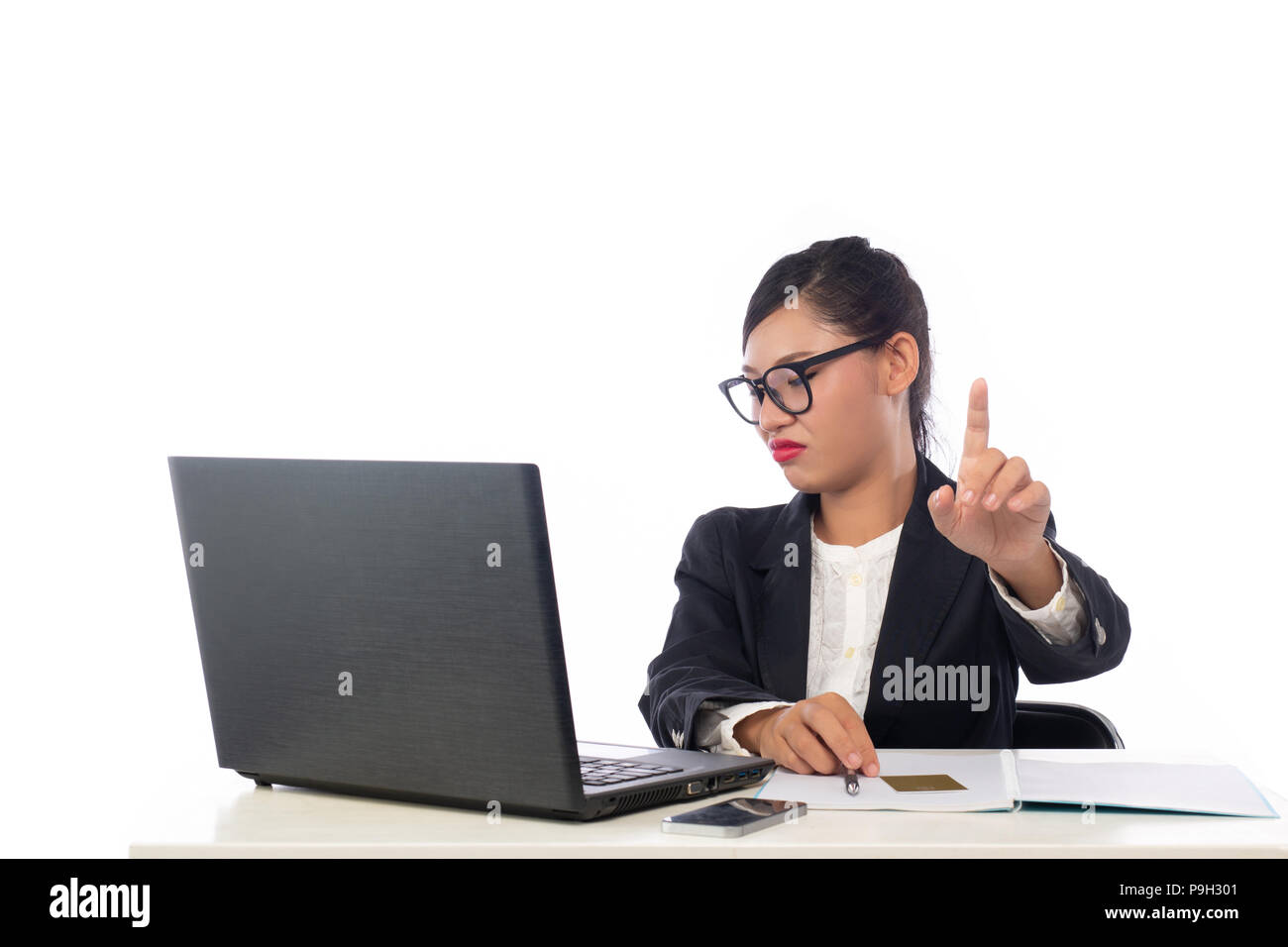 Business woman stressig auf weißem Hintergrund. Stockfoto
