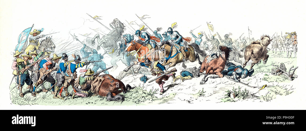 Dreißig Jahre Krieg. Angriff der Kaiserlichen Lancers auf der Infanterie. 17. Jahrhundert. Ge… Stockfoto