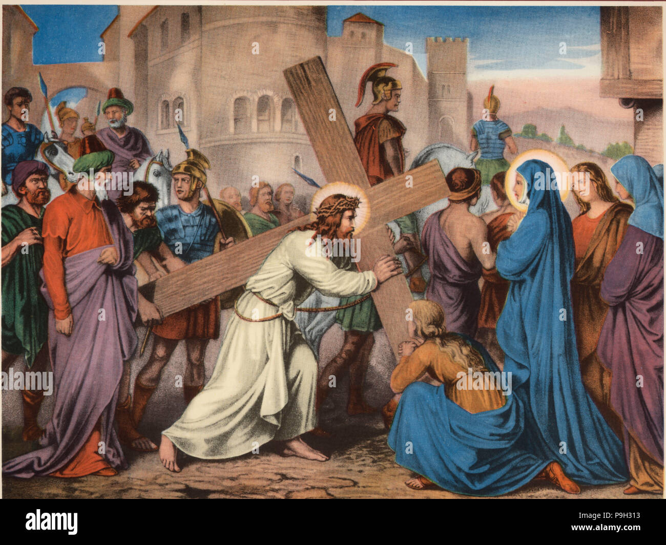 Via Crucis. Vierte Station. Jesus begegnet seiner Mutter. Zeichnung von Pascual. Barsal Editionen, ... Stockfoto
