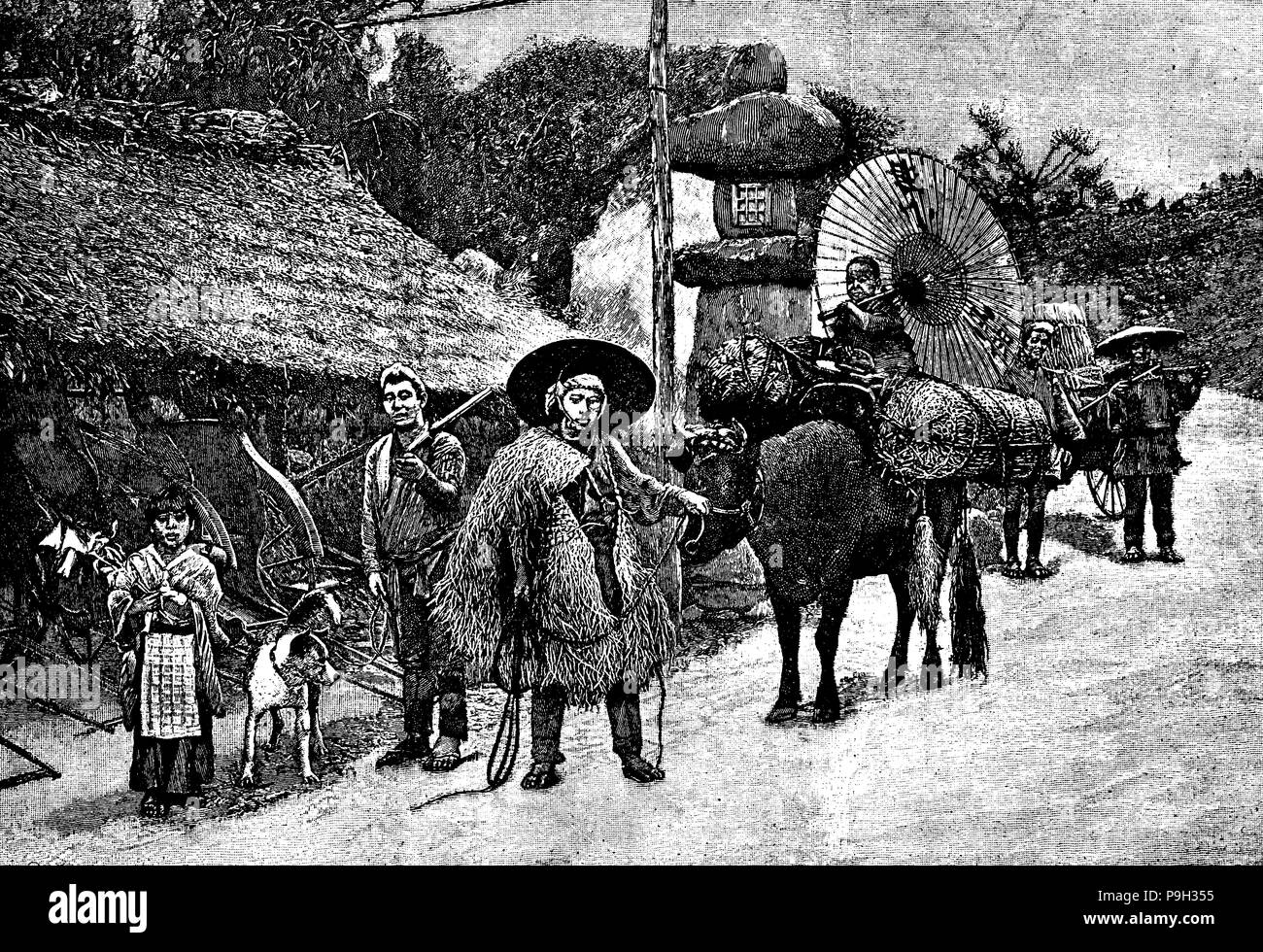 Japan. Chinese-Japanese Krieg. Japanische Dorfbewohner liefert, die für die Armee. Kupferstich von 1894. Stockfoto