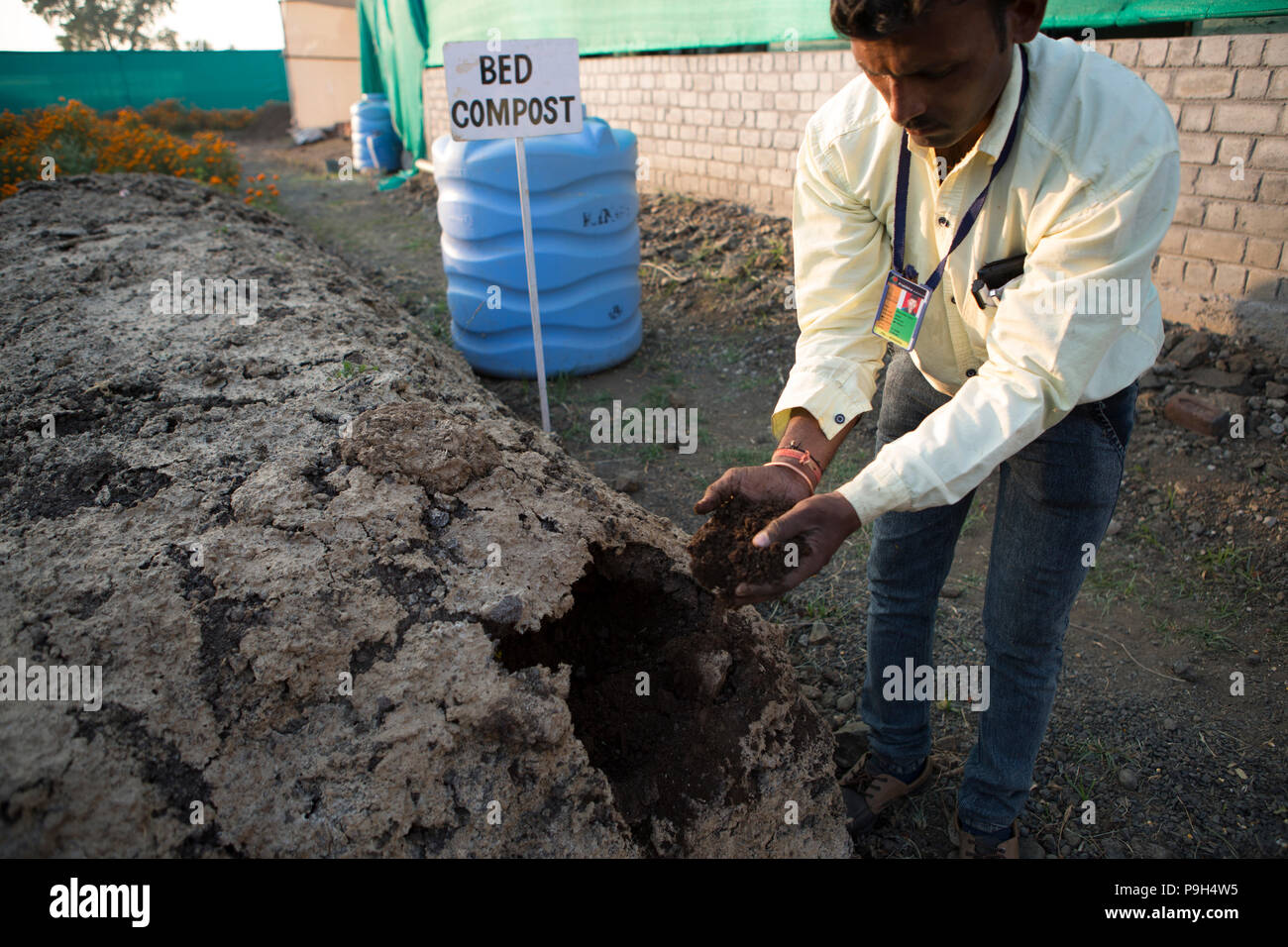 Ein Bauer prüft eine Handvoll Erde auf seiner Farm Baumwolle in Indien. Stockfoto
