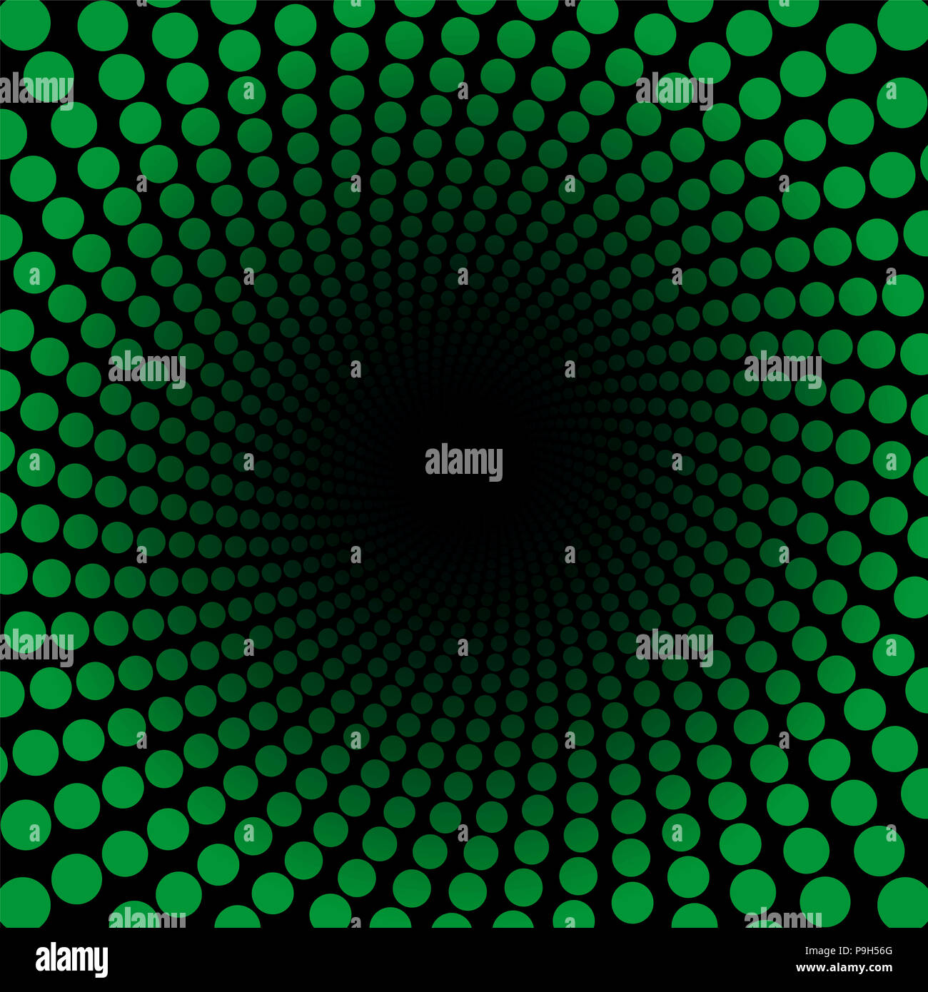 Spiralförmige Muster mit grünen Punkten, Tunnel mit schwarzem Zentrum - twisted Rundschreiben fraktale Hintergrundbild. Stockfoto