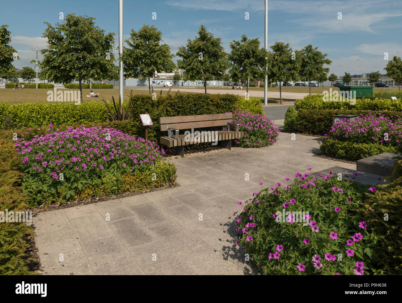 Die Asien Verbindungen Garten in Slessor Gärten, Teil von Dundee Waterfront Development, Highlights historischen Handelsbeziehungen von Dundee, Schottland, Großbritannien. Stockfoto