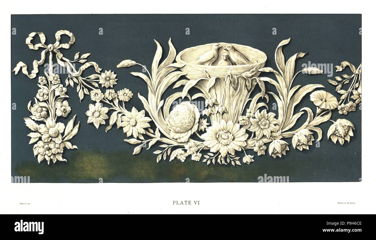 Plakette mit Vitruvianische blättern und Bird's Nest. Chromolithograph gezeichnet von grivell und von Parrot et Co. von Frederick's Rathbone alte Wedgwood, die dekorativen oder künstlerischen keramische Arbeiten von Josiah Wedgwood, Quaritch, London, 1898 Lithographiert. Stockfoto