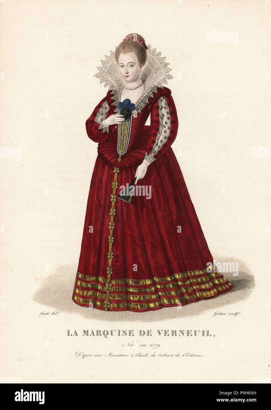 Catherine Henriette de Balzac d'Etragues, Marquise de Verneuil, Geliebte von König Henry IV von Frankreich, 1579-1633. Sie trägt ihr Haar mit einem Band aus Rosen, ein samt-Kleid mit Korsett und französische Besucher oder Greifer Reifrock, gefesselt aufgeschlitzt Ärmel, hohe Spitzenkragen, Röcke mit goldenen Bändern geschmückt. Nach einer Miniatur in Ölen in der Editor-Sammlung. Stockfoto