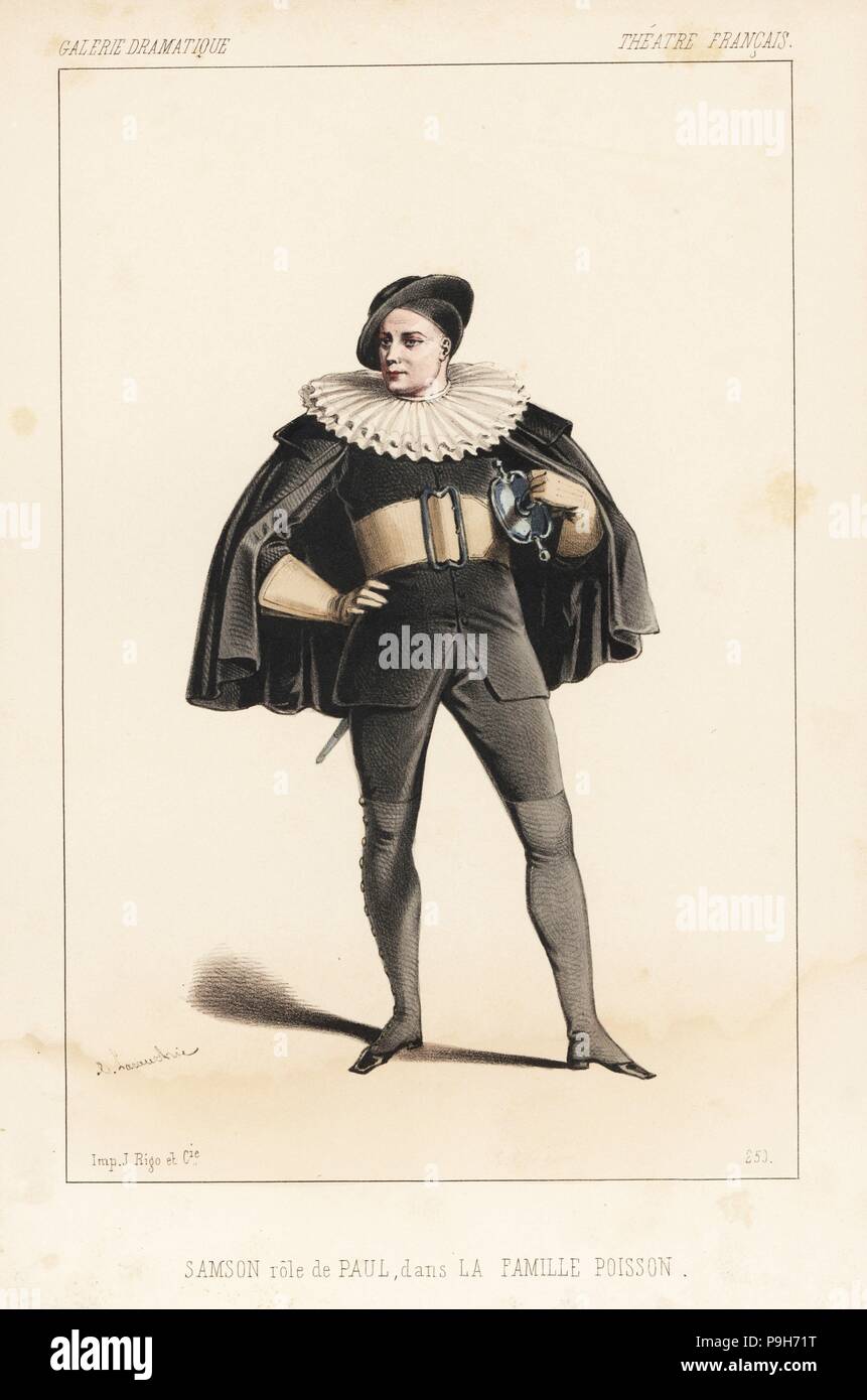 Der französische Schauspieler und Dramatiker Joseph-Isidore Samson wie Paulus in La Famille Poisson, Theater Francais, 1845. Papierkörbe Lithographie nach einer Zeichnung von Alexandre Lacauchie von Victor dollet's Galerie Dramatique: Kostüme des Theater de Paris, Paris, 1845. Stockfoto