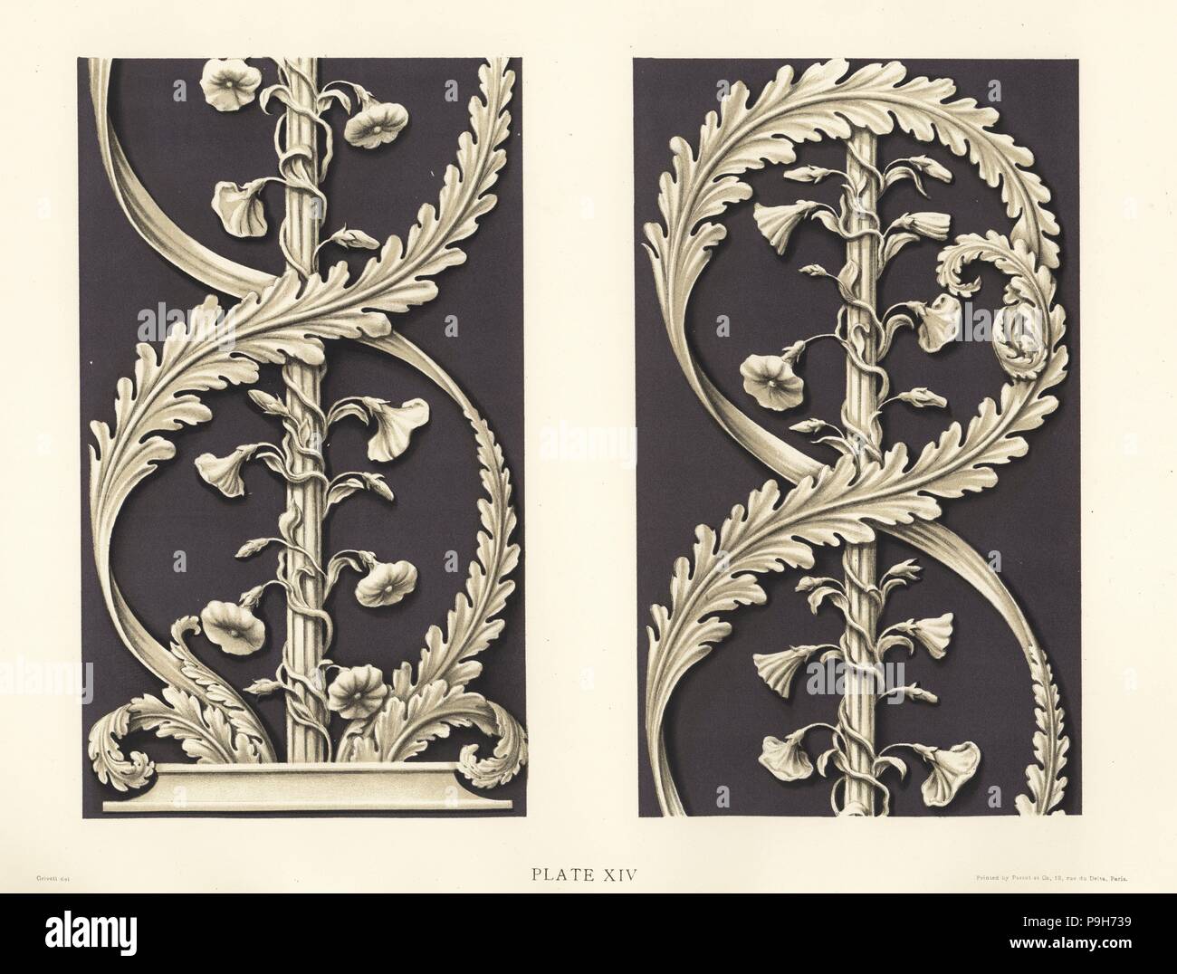 Lange Plakette mit Blättern von bindweed oder convolvulus Laub. Chromolithograph gezeichnet von grivell und von Parrot et Co. von Frederick's Rathbone alte Wedgwood, die dekorativen oder künstlerischen keramische Arbeiten von Josiah Wedgwood, Quaritch, London, 1898 Lithographiert. Stockfoto