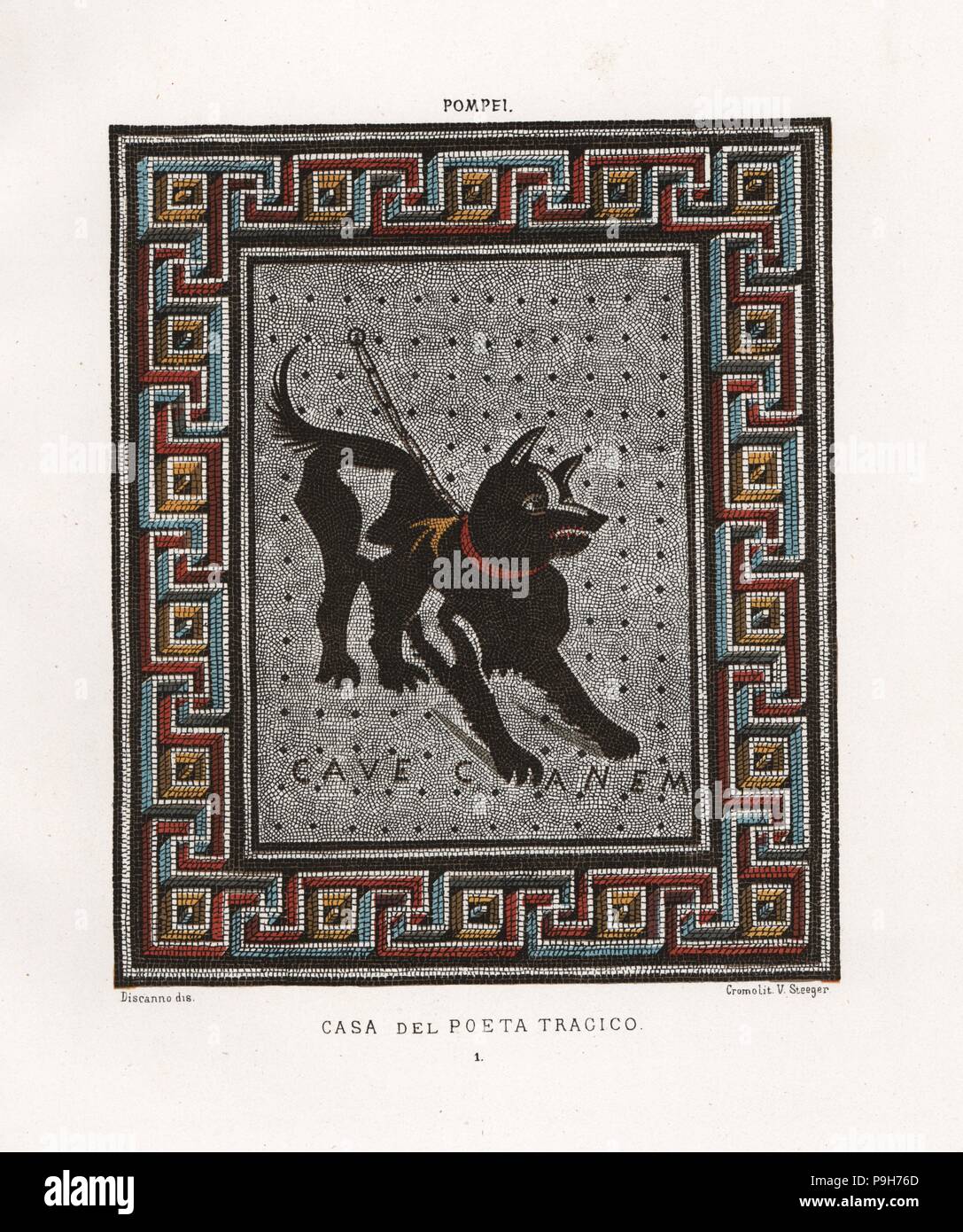 Mosaik einer Guard Dog auf einer Kette von der Casa del Poeta Tragico, Haus des Tragischen Dichters, Regio VI, Insulae 8,3,5. Chromolithograph von Victor Steeger nach einer Illustration von geremia Discanno von Emile Presuhn's Les Plus Belles Peintures de Pompei (Die schönsten Gemälde von Pompeji), Leipzig, 1881. Stockfoto