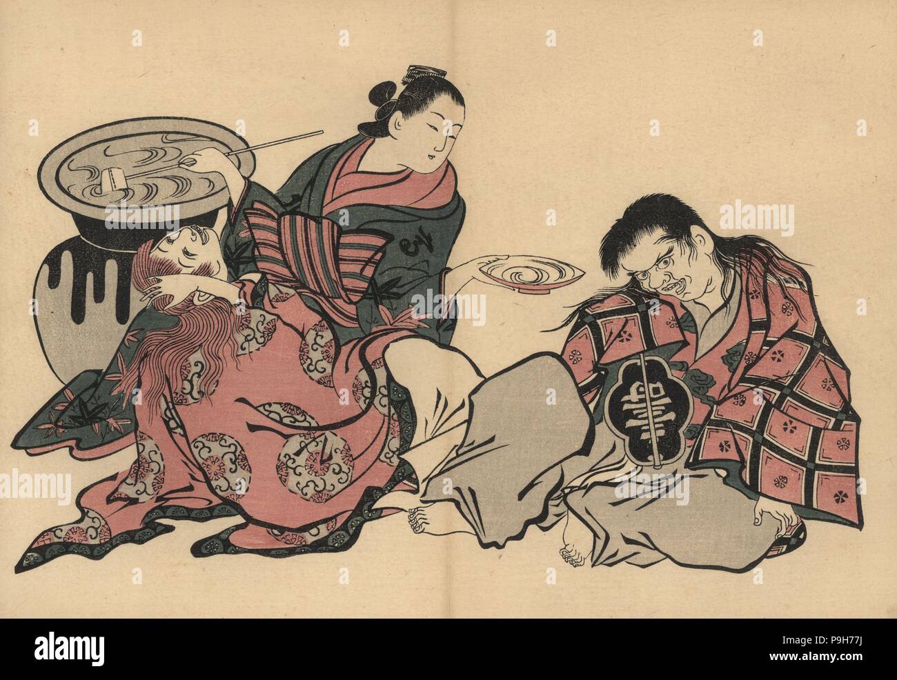 Eine oiran Kurtisane verkehren zwei shojo mit Willen aus einer großen Vase. Holzschnitt von masanobu Okumura (1686-1764) von Fuzoku Emakimono, Bild Scrollen von Wasser Handel, Tokio, Reprint circa 1880. Stockfoto