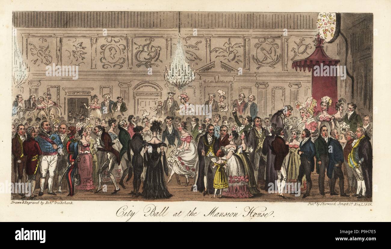 Regency Herren und Damen auf der Oberbürgermeister Ball tanzen. Herr Bürgermeister Robert Waithman mit Prunkkette und Mitarbeiter des Büros. Stadt-Ball im Mansion House. Handkoloriert Kupferstich gezeichnet und gestochen von Robert Cruikshank aus der englischen Spion, London, 1825. Geschrieben von Bernard Blackmantle, ein Pseudonym für Charles Molloy Westmacott. Stockfoto