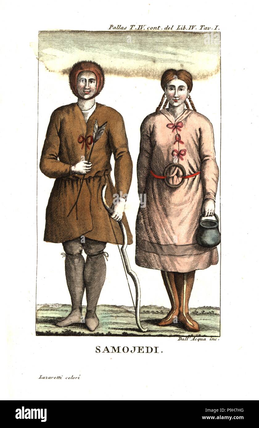 Der Mann und die Frau der Nenzen oder und Menschen. Abbildung kann von Peter Simon Pallas' Reise durch die südlichen Provinzen des russischen Reiches, 1812. Kupferstich von Dell'Acqua Papierkörbe durch Lazaretti von Giovanni Battista sonzogno's Sammlung der interessantesten Reisen (Raccolta de Viaggi Piu Interessanti), Mailand, 1815-1817. Stockfoto