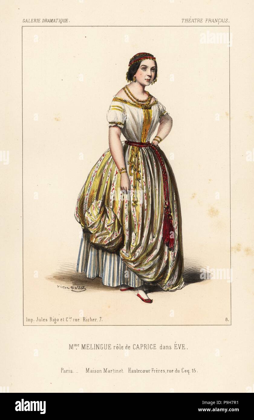 Rosalie Theodorine melingue wie Caprice in Eve von Leon Gozlan, Theater Francais, 1843. Papierkörbe Lithographie nach einer Zeichnung von Victor Dollet vom Galerie Dramatique: Kostüme des Theater de Paris, Paris, 1845. Stockfoto