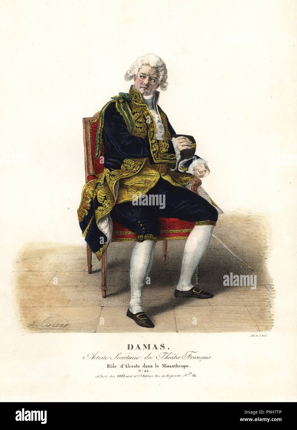 Alexandre Damas als Alceste in Le Menschenfeind von Molière, Theater Francais, 1823. Handkoloriert Lithographie von F. Noel nach einer Illustration von Alexandre-Marie Colin aus Porträts d'Acteurs et d'Actrices Dans verschiedene Rollen, F. Noel, Paris, 1825. Stockfoto