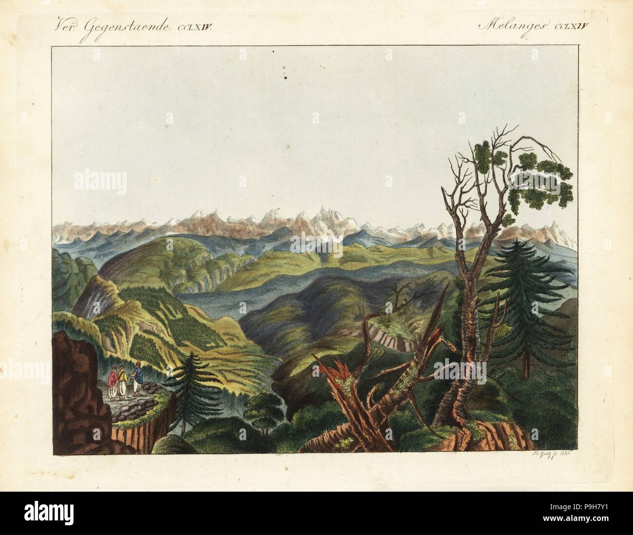 Blick auf die Berge des Himalaya. Handkoloriert Kupferstich von Theodore Goetz von Friedrich Johann Bertuch Bilderbuch Fur Kinder (Bilderbuch für Kinder), Weimar, 1823. Stockfoto