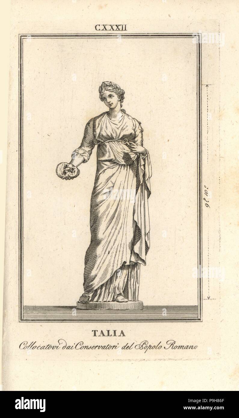 Statue von Thalia, die Muse der Komödie, mit Maske und Trompete. In der Sammlung des Conservatori del Popolo Romano. Kupferstich von Pietro Paolo Montagnani-Mirabili Il Museo Zeitabschnittes (The Capitoline Museum), Rom, 1820. Stockfoto