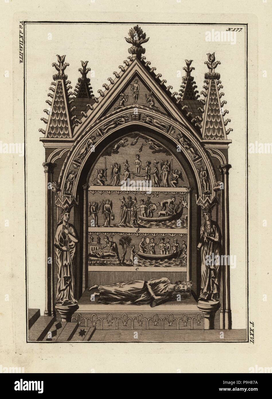 Grab von König Dagobert I (603-639 AD) in der Basilika von St. Denis. Papierkörbe Kupferstich von Robert von Spalart das historische Bild der Kostüme der wichtigsten Menschen der Antike und des Mittelalters, Chez Collignon, Metz, 1810. Stockfoto