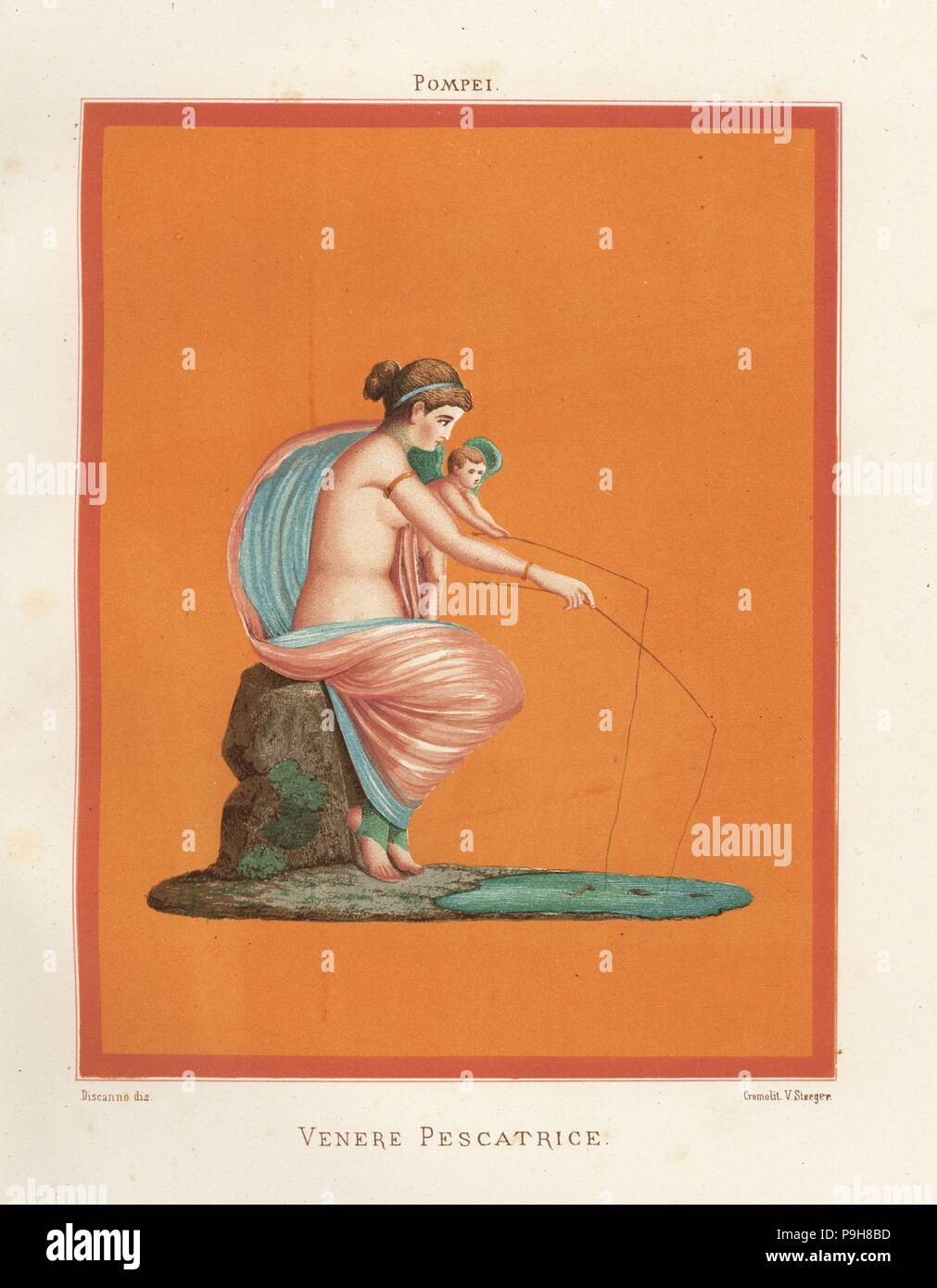 Wandgemälde von Venus und Amor Angeln mit Stangen von einem Teich. In Regio V. V.3, das Haus der Gladiatoren gefunden. Chromolithograph von Victor Steeger nach einer Illustration von geremia Discanno von Emile Presuhn's Les Plus Belles Peintures de Pompei (Die schönsten Gemälde von Pompeji), Leipzig, 1881. Stockfoto