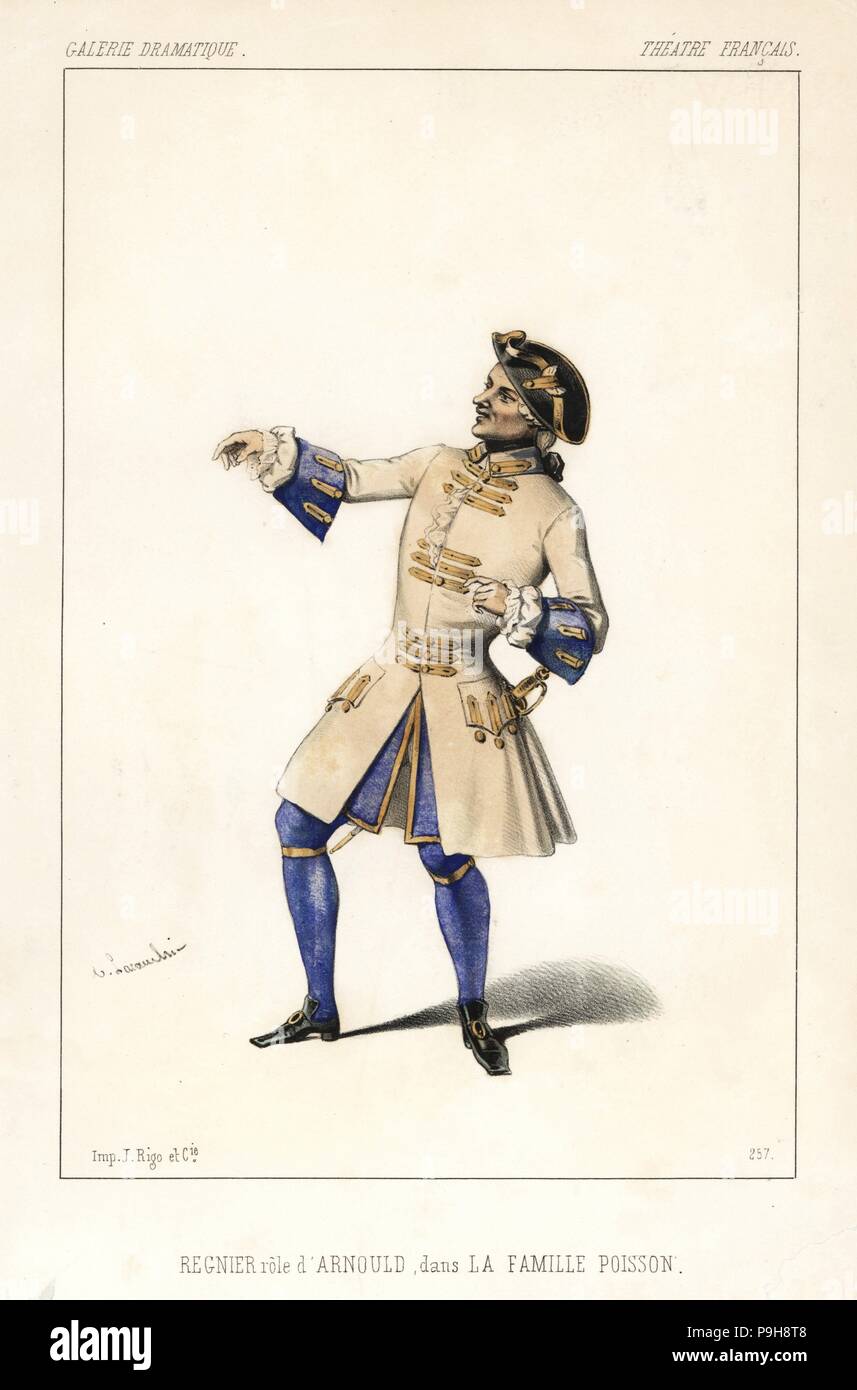 Francois Regnier als Arnould in La Famille Poisson, von Joseph Isidore Samson, Theater Francais, 1845. Papierkörbe Lithographie nach einer Zeichnung von Alexandre Lacauchie von Victor dollet's Galerie Dramatique: Kostüme des Theater de Paris, Paris, 1845. Stockfoto