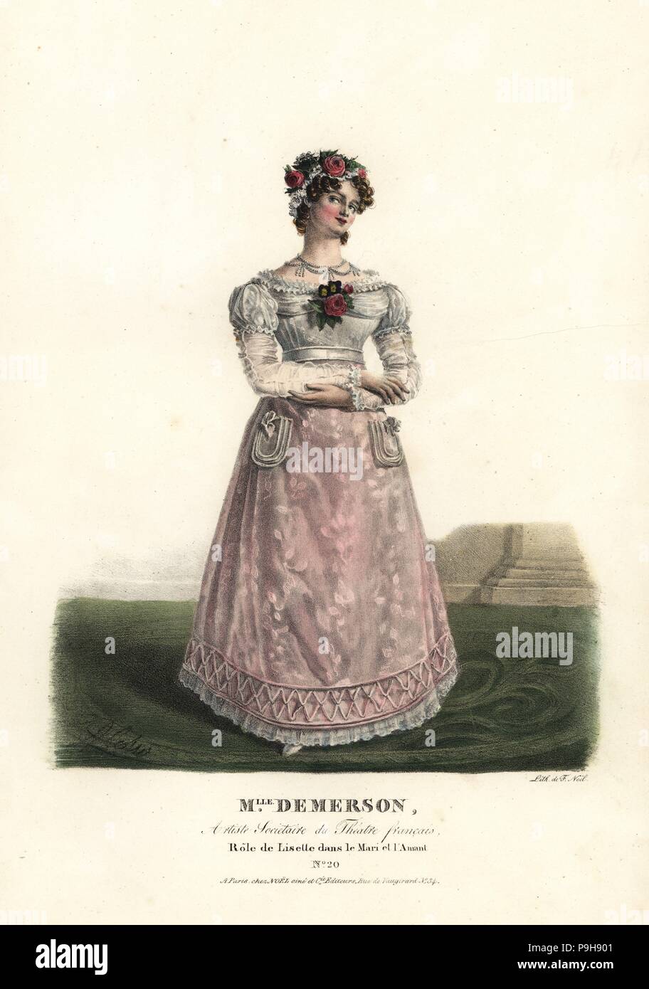 Fräulein Anne Demerson als Liselle in Le Mari et l ' Amant von Jean-Claude Vial, Theatre Francais, 1821. Handkoloriert Lithographie von F. Noel nach einer Illustration von Alexandre-Marie Colin aus Porträts d'Acteurs et d'Actrices Dans verschiedene Rollen, F. Noel, Paris, 1825. Stockfoto