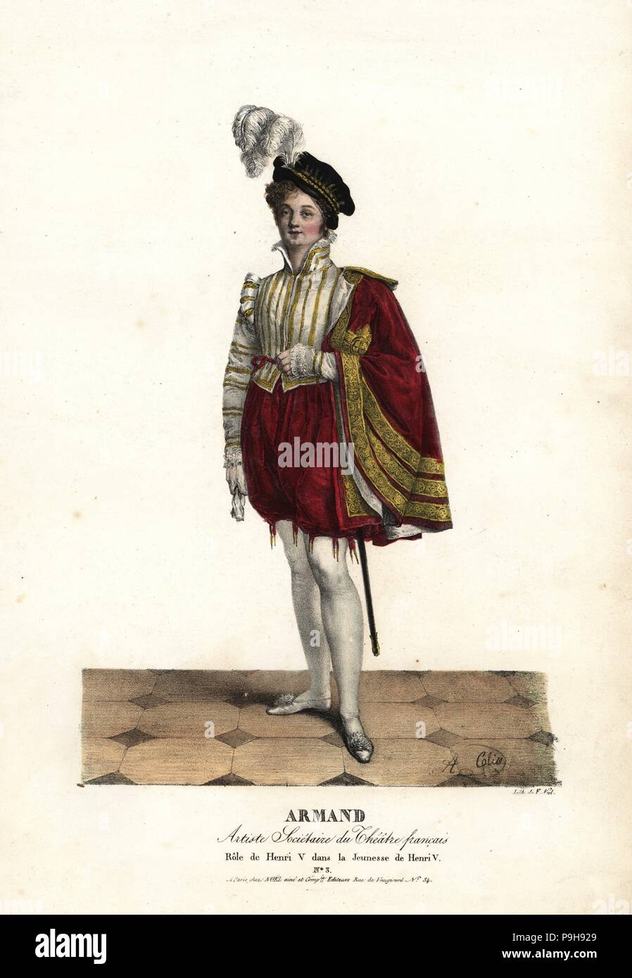 Armand oder Armand Benoit Roussel als Henri V in La Jeunesse de Henri V von Alexandre Duval, Theatre Francais, handkoloriert Lithographie von F. Noel nach einer Illustration von Alexandre-Marie Colin aus Porträts d'Acteurs et d'Actrices Dans verschiedene Rollen, F. Noel, Paris, 1825. Stockfoto