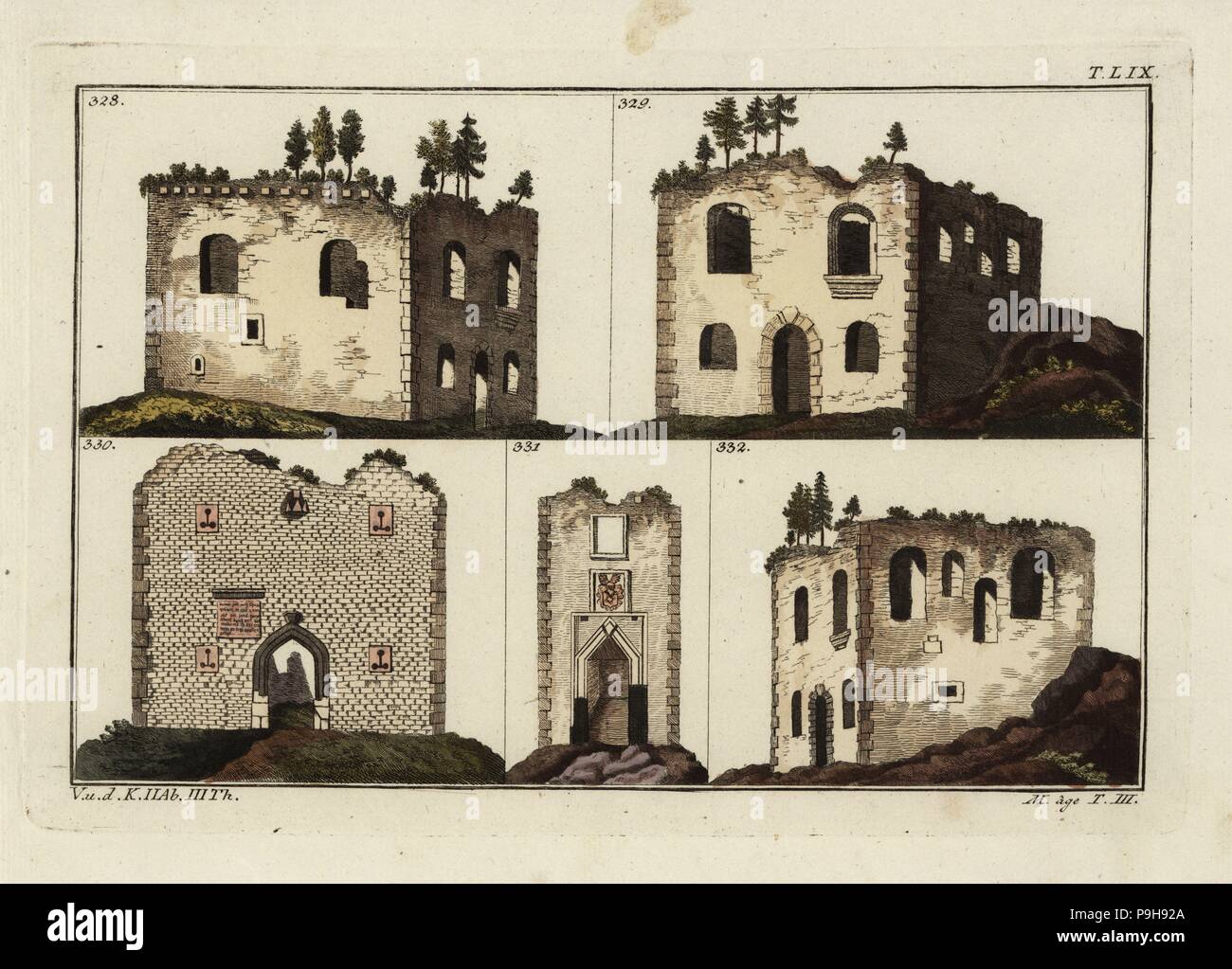 Die Ruinen der Burgen der alten Ritter. Papierkörbe Kupferstich von Robert von Spalart das historische Bild der Kostüme der wichtigsten Menschen der Antike und des Mittelalters, Chez Collignon, Metz, 1810. Stockfoto