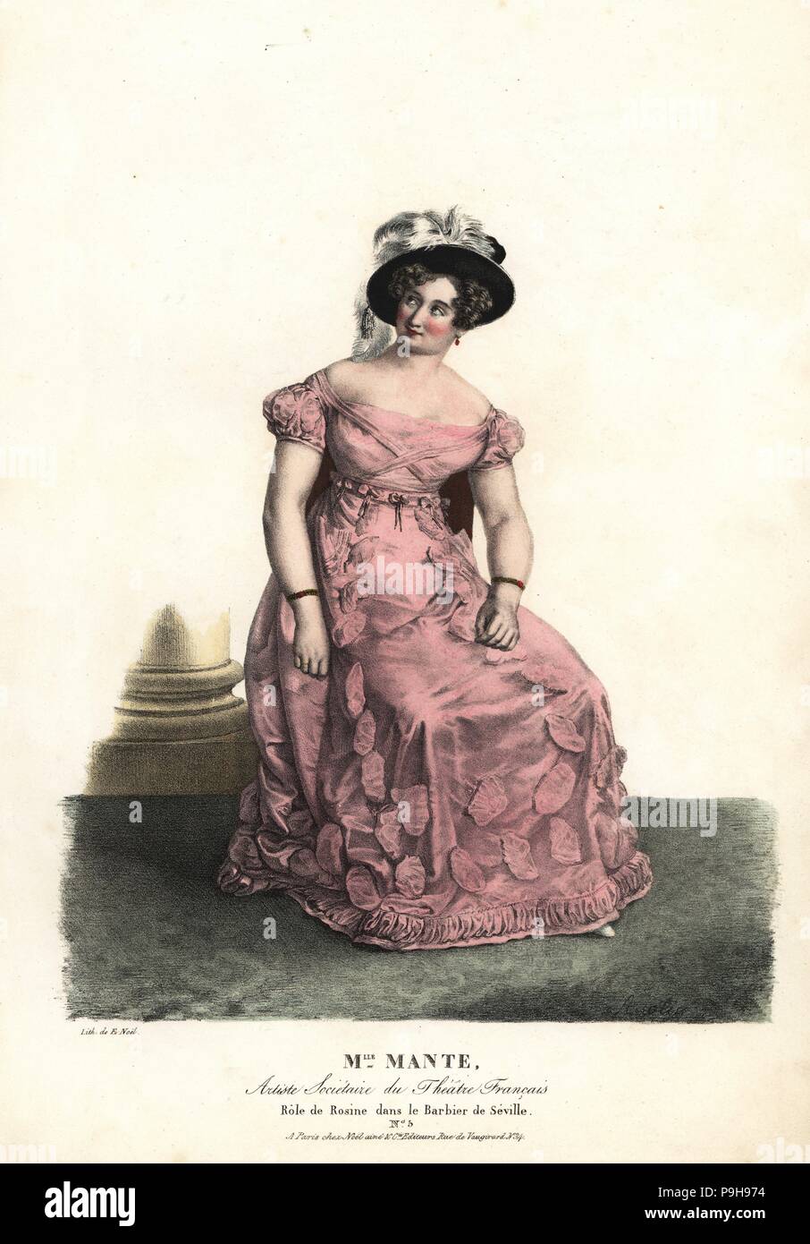 Fräulein Delphine Mante oder Louise-Charles-Theophile als Rosine in der Barbier von Sevilla von Pierre Beaumarchais, Theatre Francais. Handkoloriert Lithographie von F. Noel nach einer Illustration von Alexandre-Marie Colin aus Porträts d'Acteurs et d'Actrices Dans verschiedene Rollen, F. Noel, Paris, 1825. Stockfoto