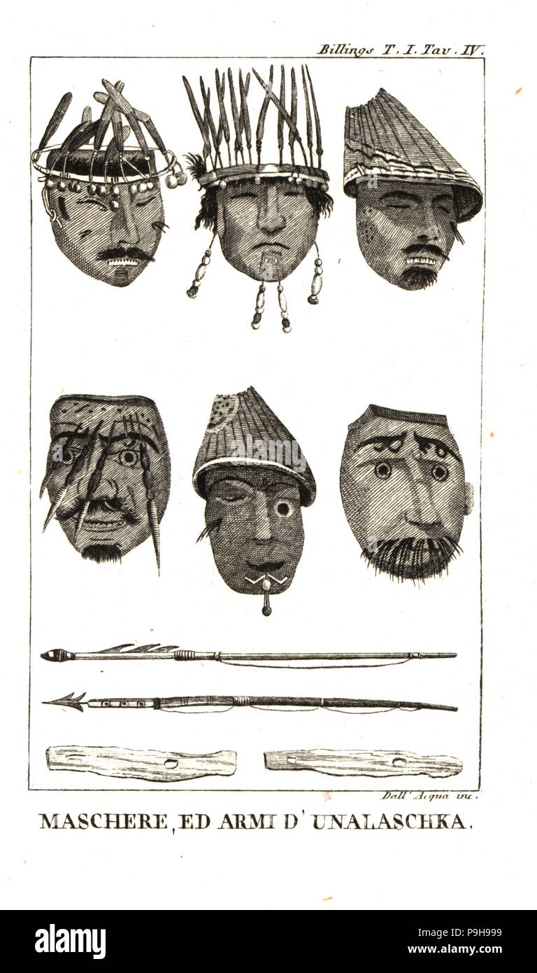 Masken durch die Unalaskans in ihren Tänzen verwendet; Dart und die Platten, um sie zu werfen. Von Joseph Billings und Martin Sauer ein Konto von einer Expedition in die nördlichen Teile von Russland. Kupferstich von Dell'Acqua von Giovanni Battista sonzogno's Sammlung der interessantesten Reisen (Raccolta de Viaggi Più Interessanti), Mailand, 1815-1817. Stockfoto