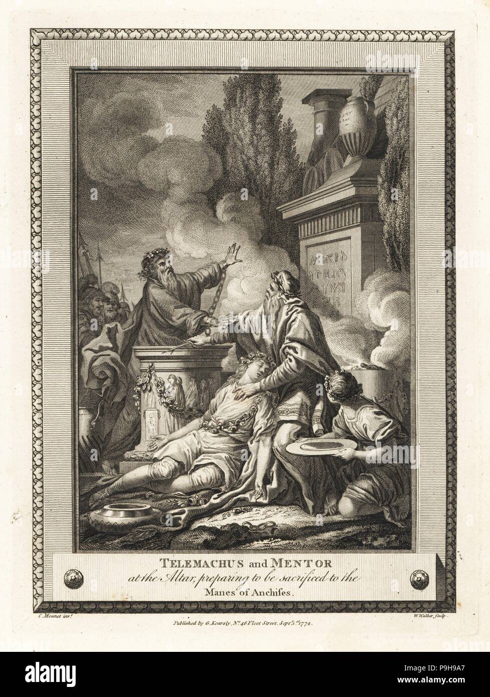 Telemachus und Mentor am Altar Vorbereitung auf die Mähne des Anchises geopfert zu werden. Kupferstich von W. Walker nach einer Illustration von C. Monnet von der Kupferplatte Magazin oder monatliche Schatz, G. Kearsley, London, 1778. Stockfoto