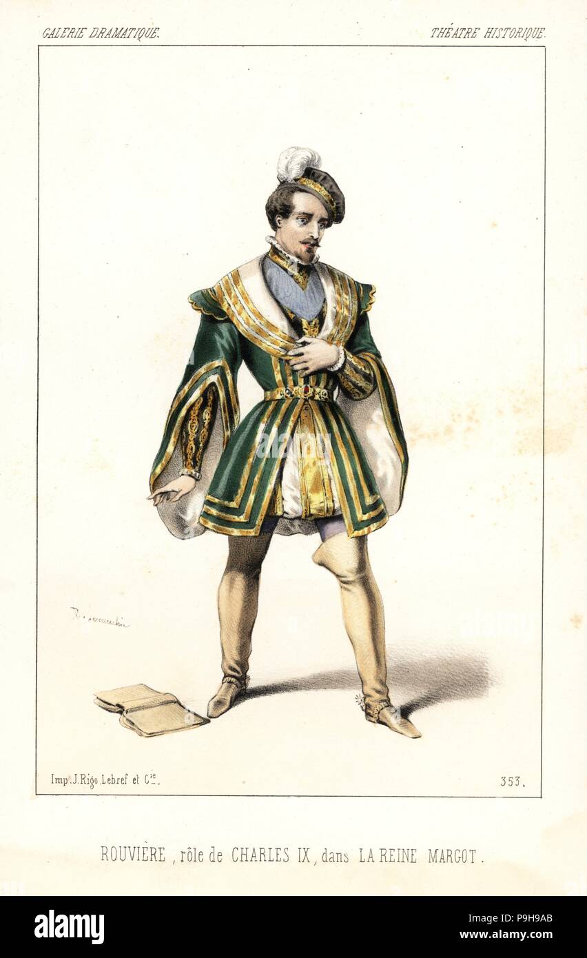 Philibert Rouviere als König Karl IX. in La Reine Margot von Alexandre Dumas und Auguste Maquet, Theater Historique, 1847. Papierkörbe Lithographie nach einer Zeichnung von Alexandre Lacauchie von Victor dollet's Galerie Dramatique: Kostüme des Theater de Paris, Paris, 1847. Stockfoto