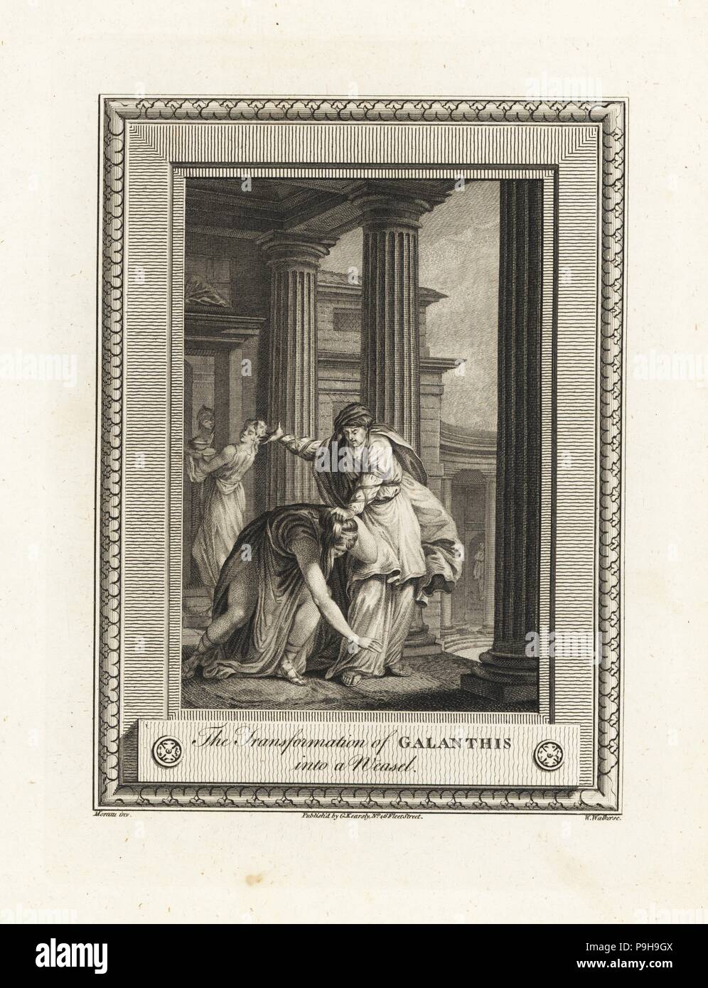 Die Transformation der Galanthis in ein wiesel von Lucina, Göttin der Geburt. Kupferstich von W. Walker nach einer Illustration von Moreau von der Kupferplatte Magazin oder monatliche Schatz, G. Kearsley, London, 1778. Stockfoto