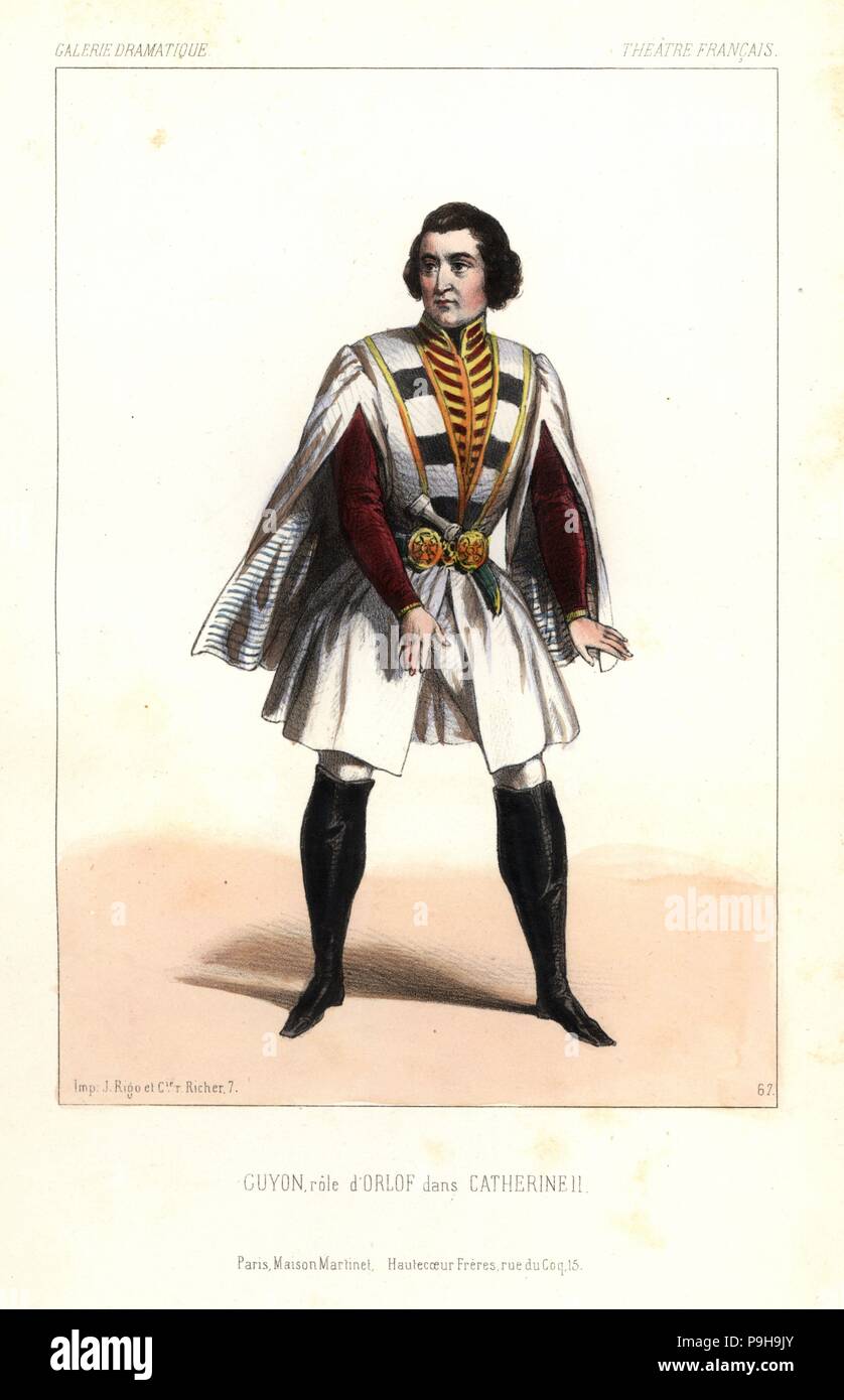Jean-Baptiste Guyon oder Georges Guyon als Orlof in Katharina II. von Hippolyte Romand, Theater Francais, 1844. Papierkörbe Lithographie nach einer Zeichnung von Victor Dollet vom Galerie Dramatique: Kostüme des Theater de Paris, Paris, 1845. Stockfoto
