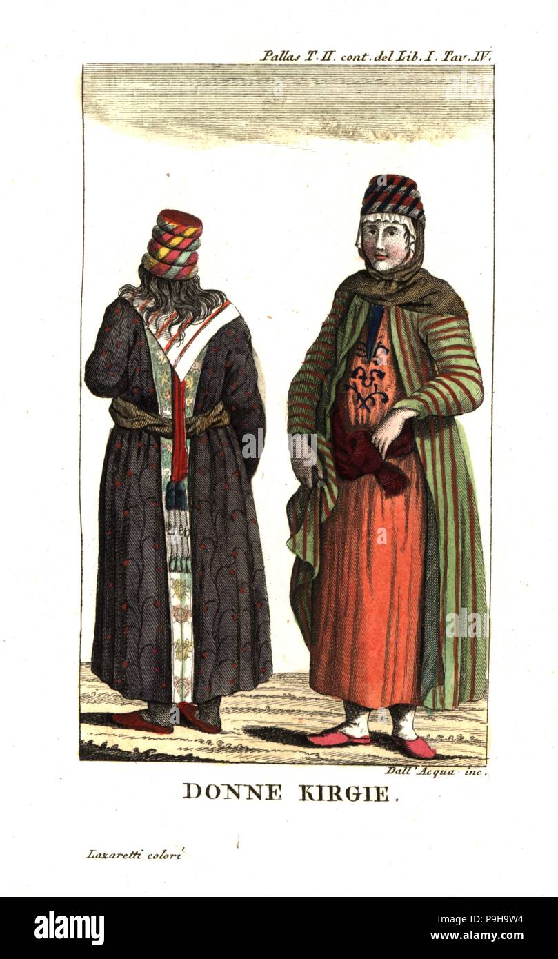 Kirgisische Frauen in Tracht. Abbildung kann von Peter Simon Pallas' Reise durch die südlichen Provinzen des russischen Reiches, 1812. Kupferstich von Dell'Acqua Papierkörbe durch Lazaretti von Giovanni Battista sonzogno's Sammlung der interessantesten Reisen (Raccolta de Viaggi Piu Interessanti), Mailand, 1815-1817. Stockfoto