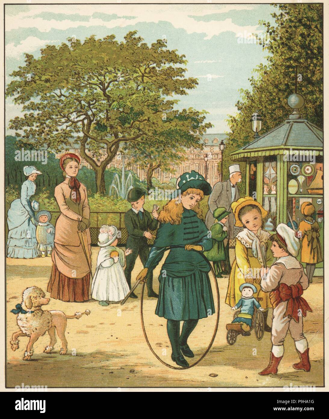 Viktorianische spielende Kinder Bänder in einem Park in der Nähe des Palais Royale, Paris. Farbe holzschnitt nach einer Illustration von Thomas Kran und Ellen Houghton aus dem Ausland, Marcus Station, London, 1882. Stockfoto