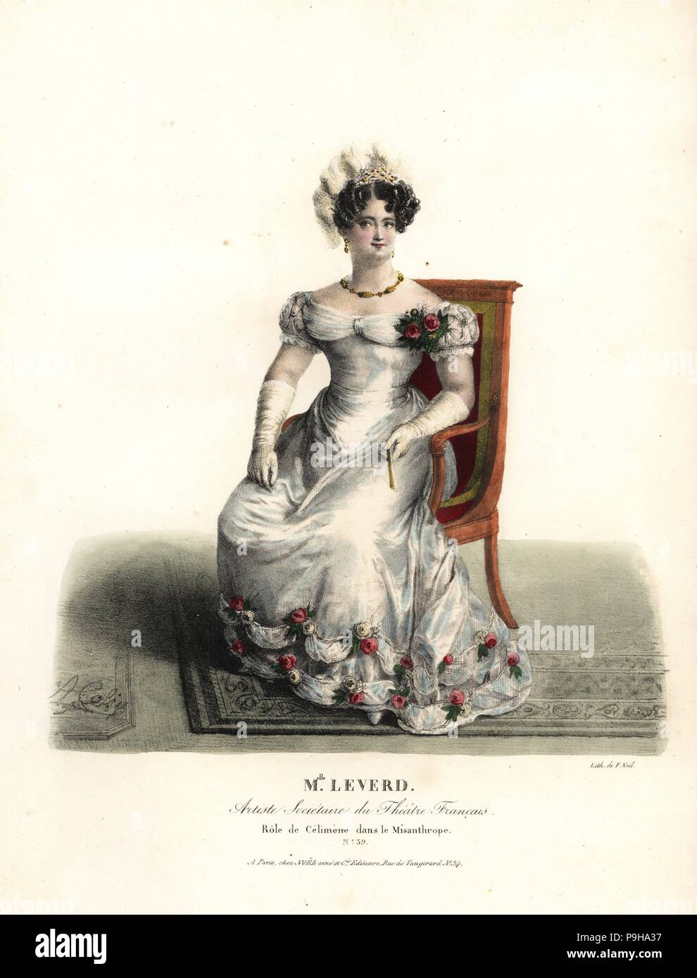 Tänzerin und Schauspielerin Fräulein Emilie Leverd als Celimene in Le Misanthrope von Moliere, Theatre Francais, 1808. Handkoloriert Lithographie von F. Noel nach einer Illustration von Alexandre-Marie Colin aus Porträts d'Acteurs et d'Actrices Dans verschiedene Rollen, F. Noel, Paris, 1825. Stockfoto